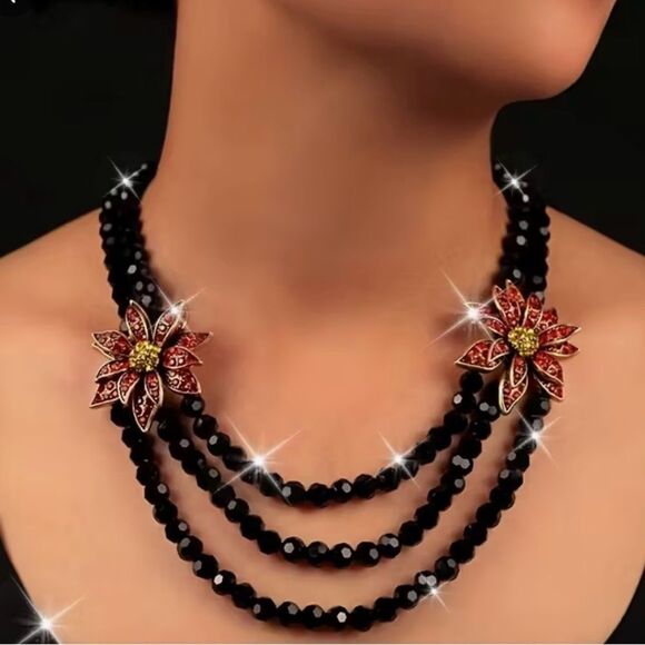 🌺 Heidi Daus New Black and Red Floral Necklace With Swarovski Crystals 🌺 - Picture 6 of 6